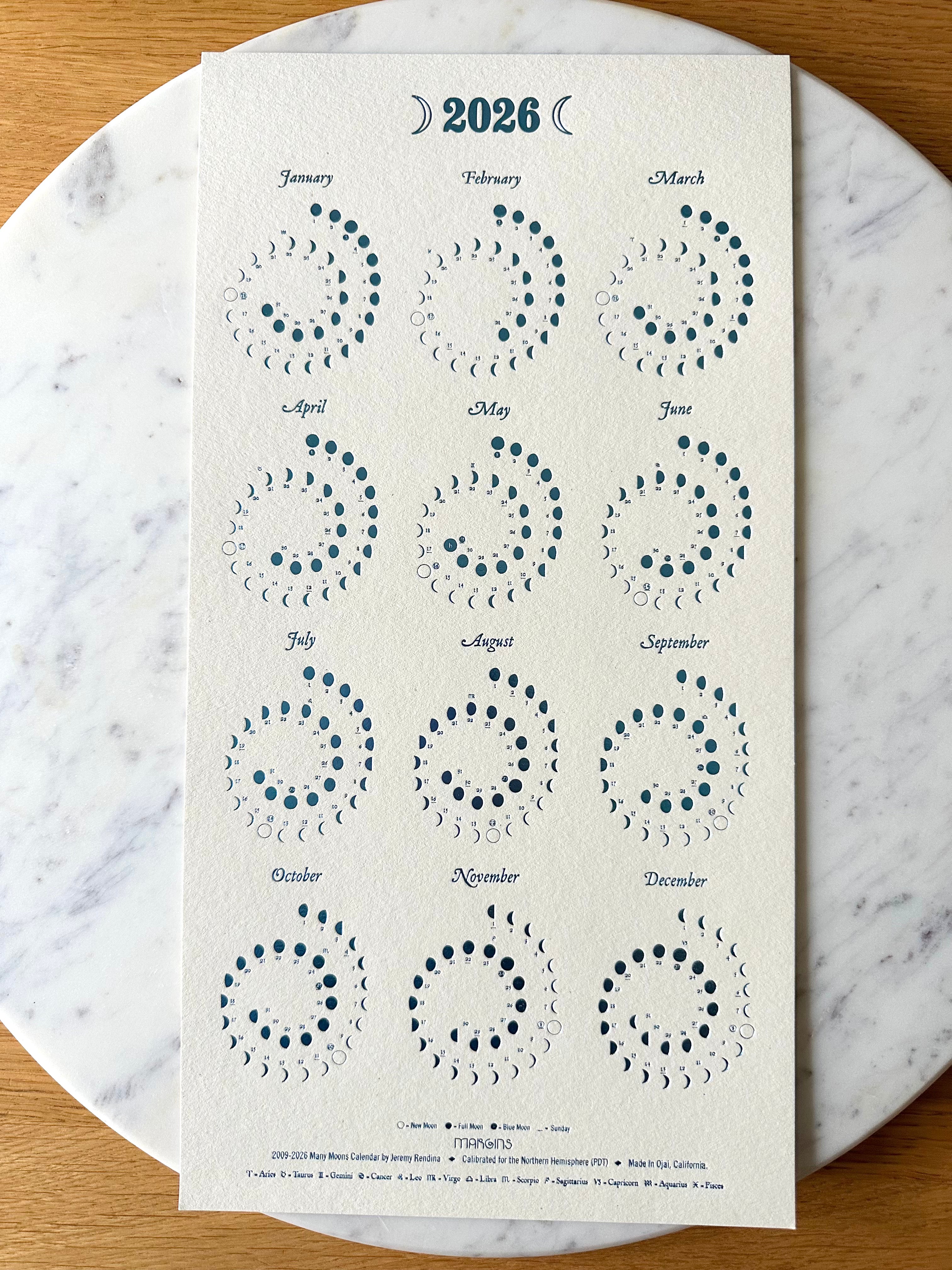 Margins 2026 Moon Calendar Ivory w/ Blue Foil