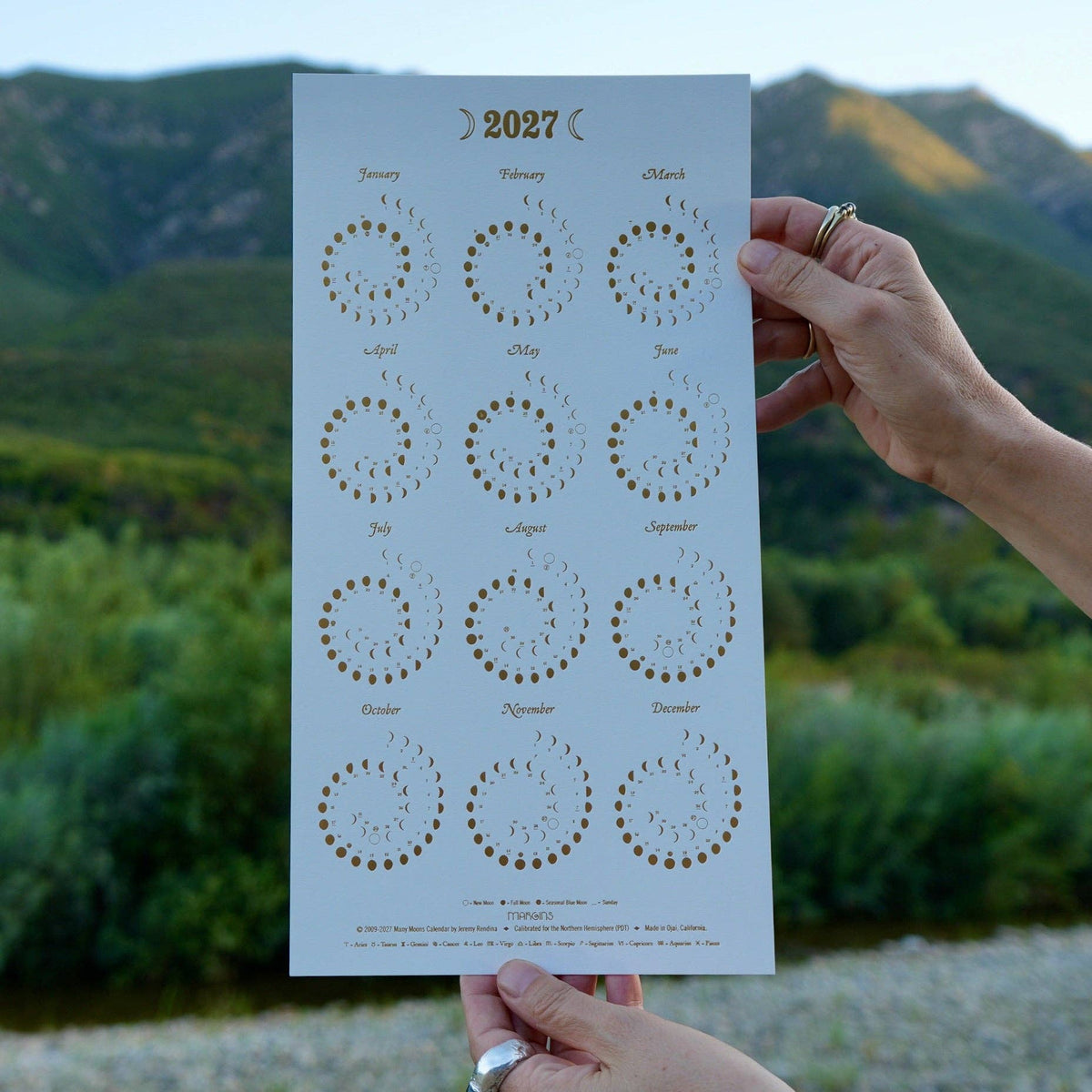 Margins 2027 Moon Calendar - Gold Foil on Pearl White, small