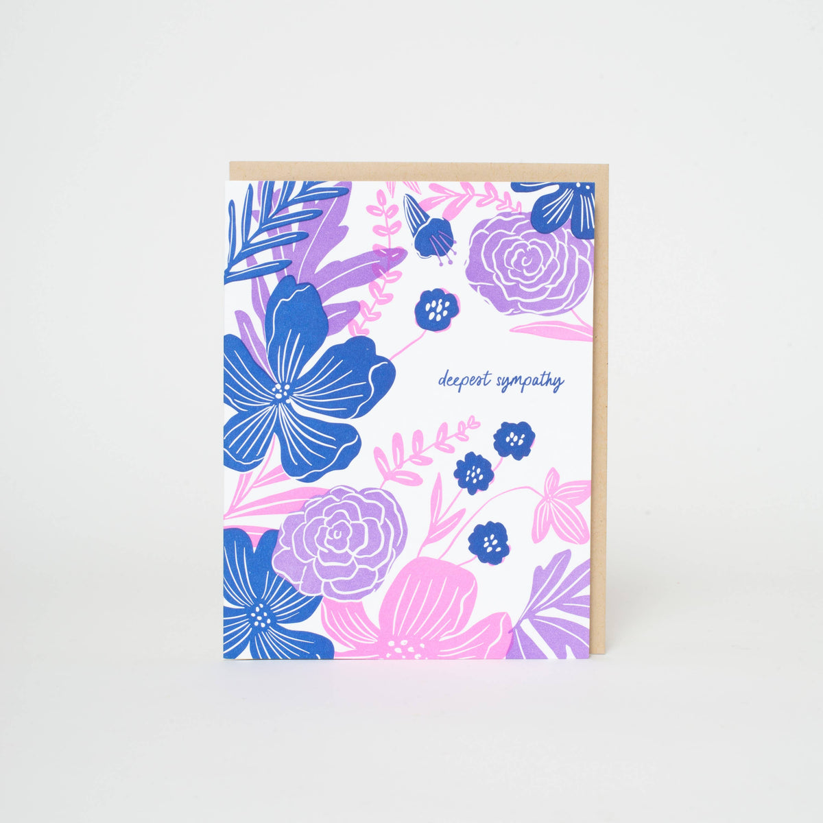 Floral card with blue and pink flowers on a white background reads deepest sympathy by Egg Press