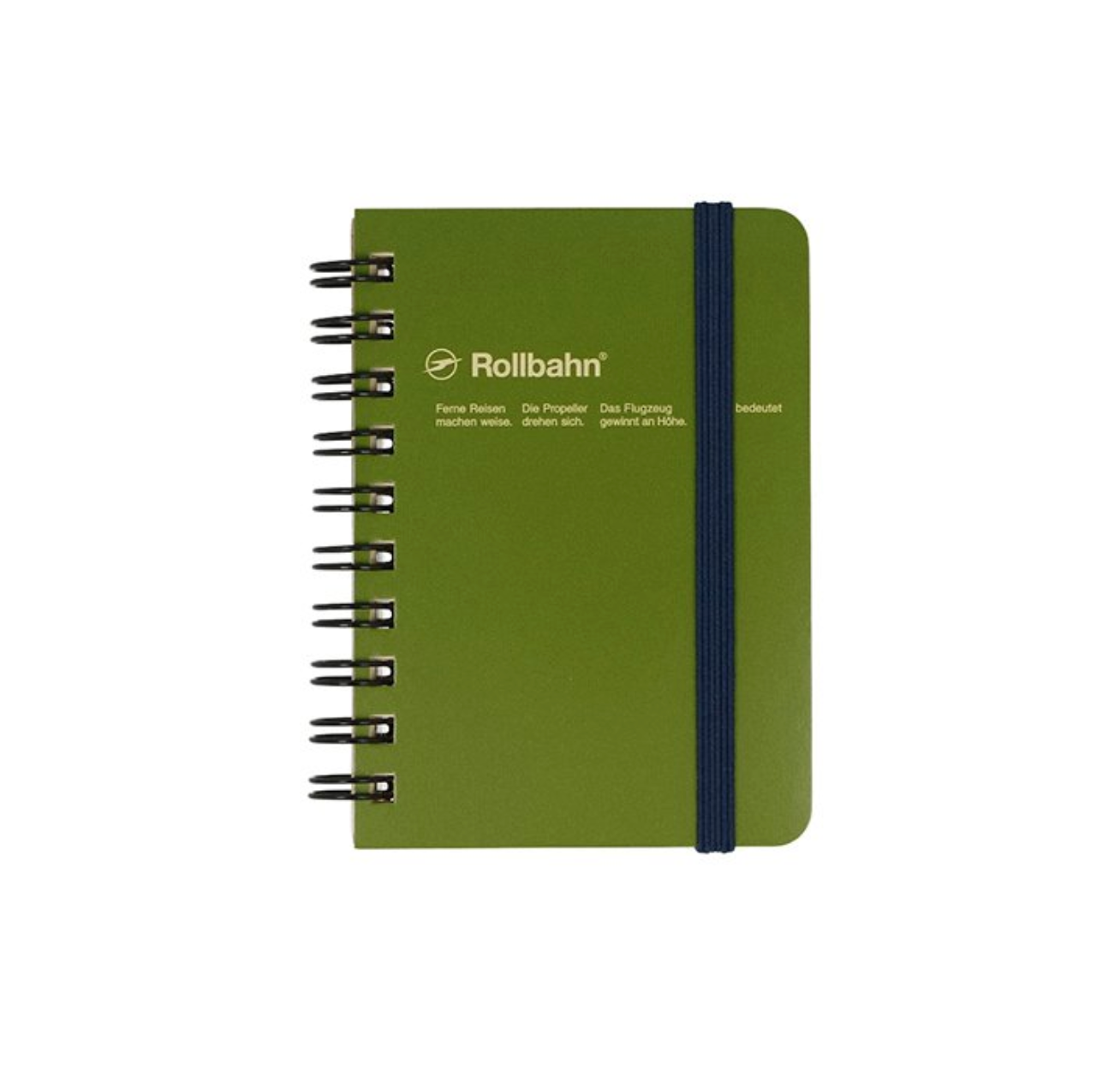 An olive green mini memo Rollbahn hardcover notebook with a dark blue elastic closure band and black spiral binding, featuring the Rollbahn logo printed on the cover.